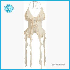 Floral Halter Top Tie Front Y2K Backless Ruffle Trim Fringe Camisole